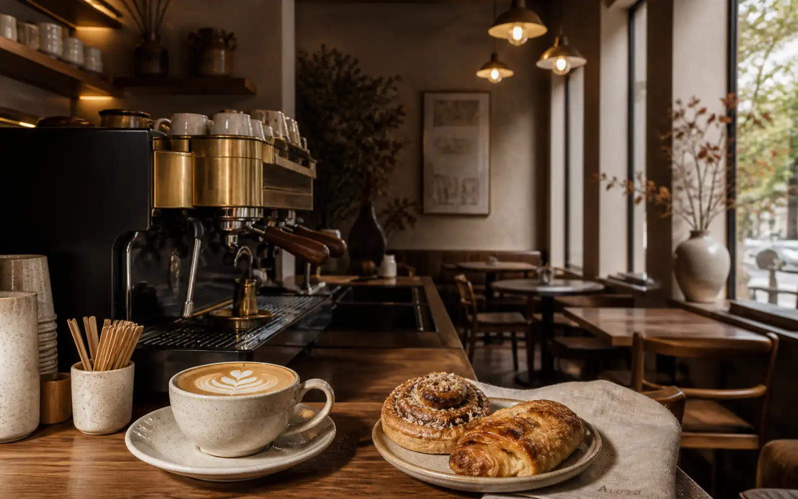 Premium kahve dükkânı atmosferini gösteren Aurora Cafe görseli
